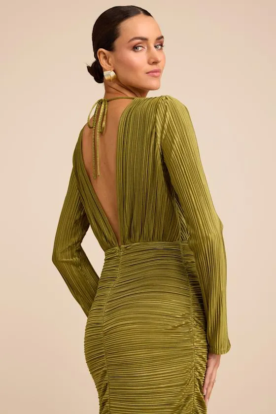 Seren Olive Green Plisse Surplice Maxi Dress sold by Lulus product image thumbnail 3