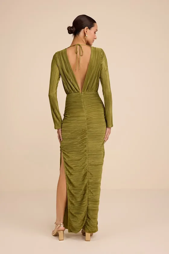 Seren Olive Green Plisse Surplice Maxi Dress sold by Lulus product image thumbnail 4