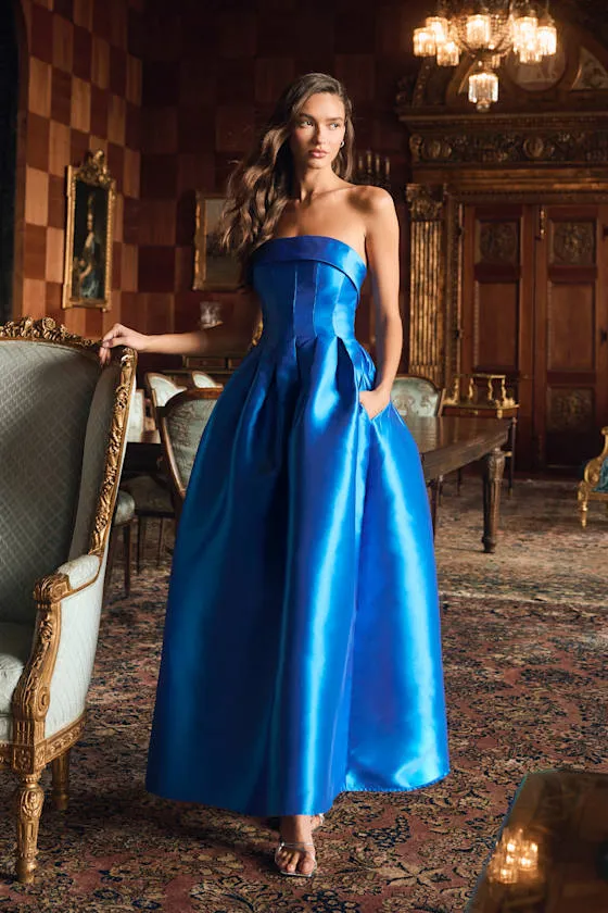 Novalie Blue Taffeta Pleated Strapless A-Line Maxi Dress sold by Lulus