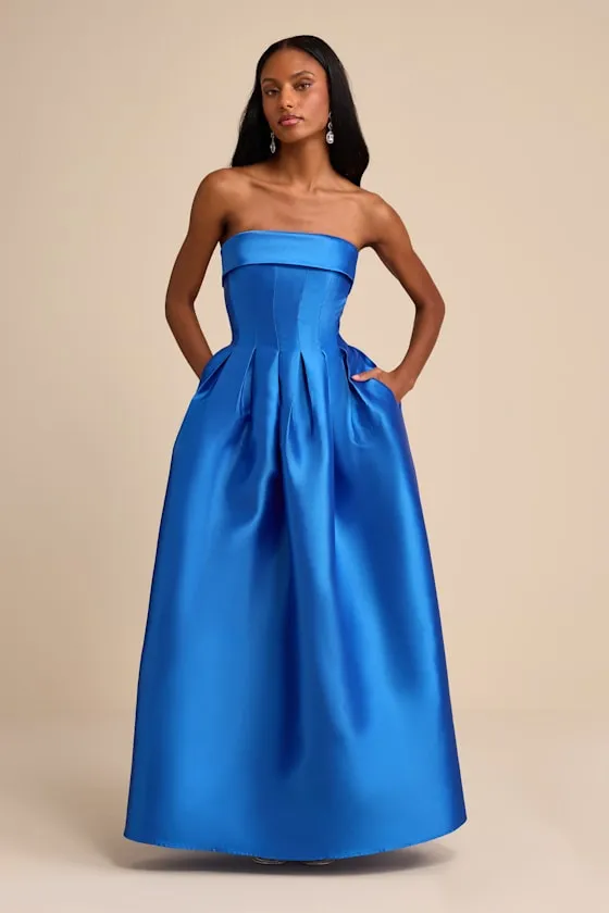 Novalie Blue Taffeta Pleated Strapless A-Line Maxi Dress sold by Lulus product image thumbnail 2