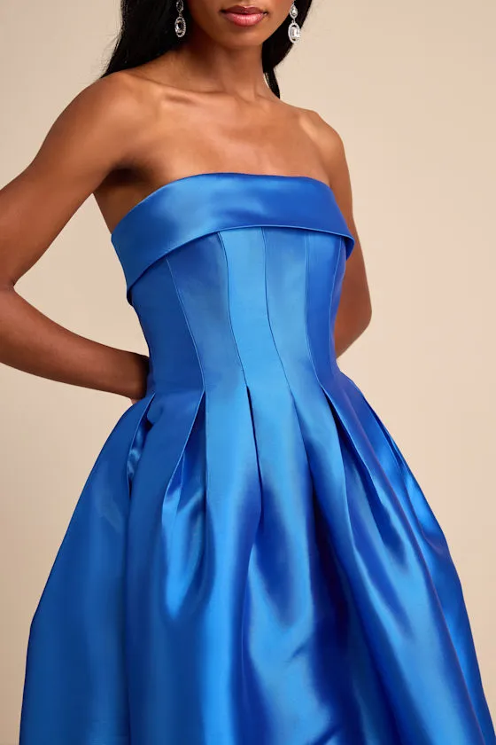 Novalie Blue Taffeta Pleated Strapless A-Line Maxi Dress sold by Lulus product image thumbnail 3