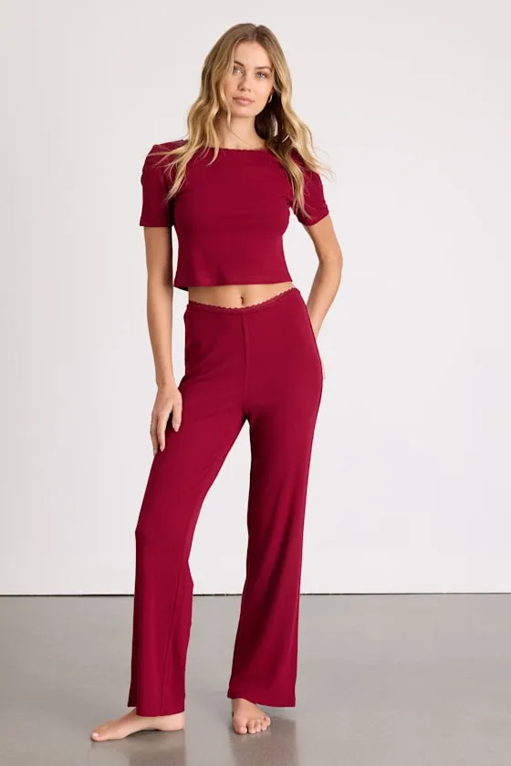 Laudrey Wine Red Ribbed Knit Wide-Leg Lounge Pants sold by Lulus