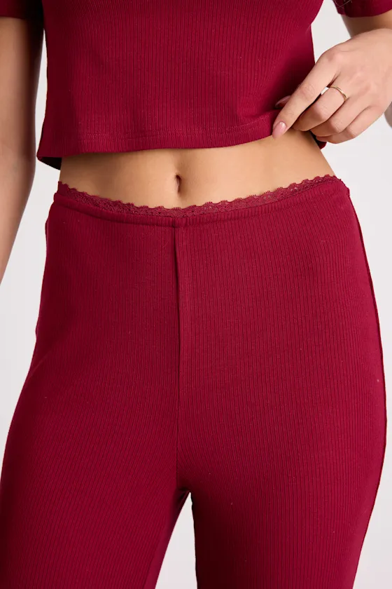 Laudrey Wine Red Ribbed Knit Wide-Leg Lounge Pants sold by Lulus product image thumbnail 2