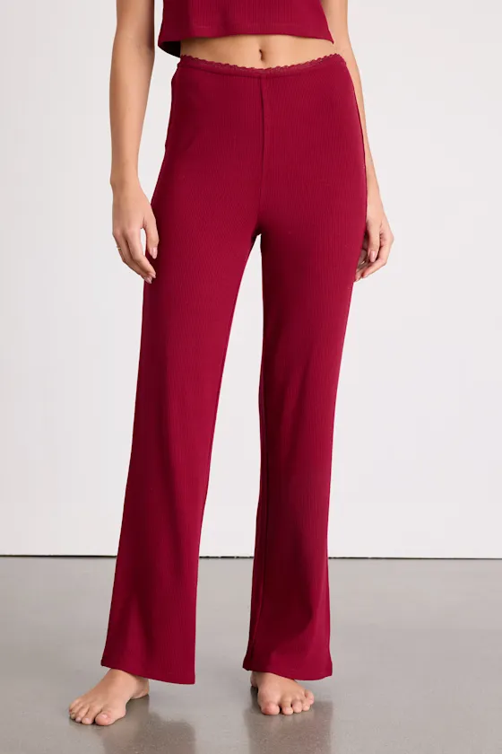 Laudrey Wine Red Ribbed Knit Wide-Leg Lounge Pants sold by Lulus product image thumbnail 3