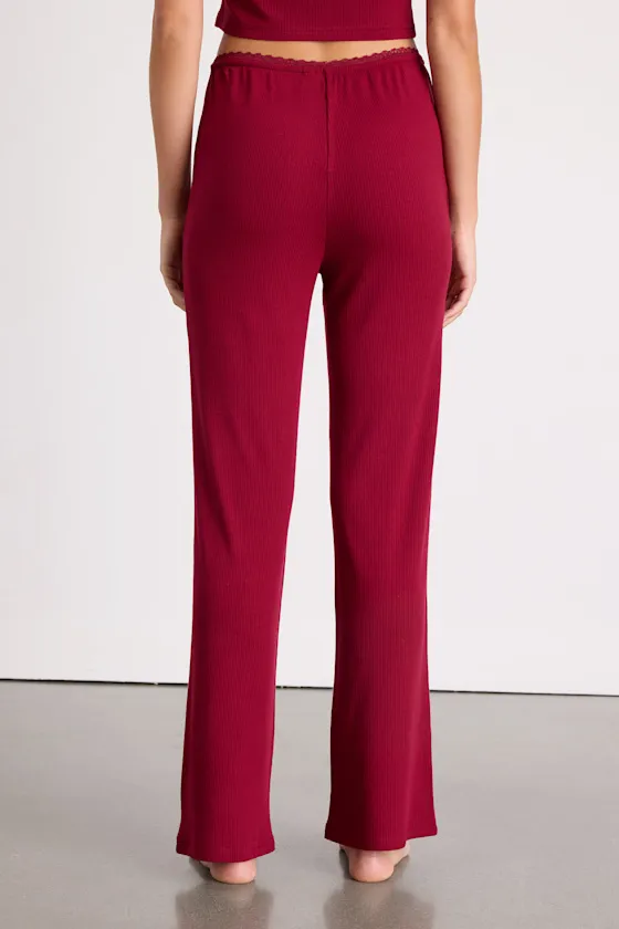Laudrey Wine Red Ribbed Knit Wide-Leg Lounge Pants sold by Lulus product image thumbnail 4