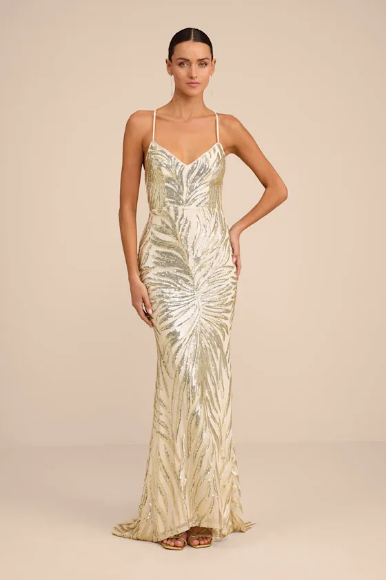 Sparkle 'til Dawn Gold Sequin Lace-Up Mermaid Maxi Dress sold by Lulus