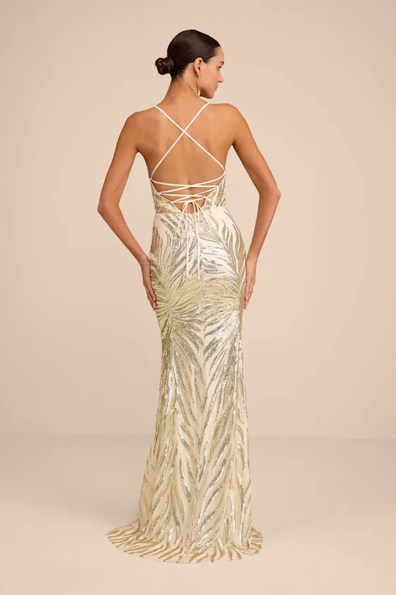 Sparkle 'til Dawn Gold Sequin Lace-Up Mermaid Maxi Dress sold by Lulus product image thumbnail 3