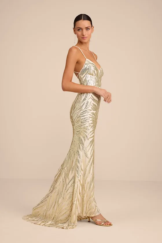 Sparkle 'til Dawn Gold Sequin Lace-Up Mermaid Maxi Dress sold by Lulus product image thumbnail 4