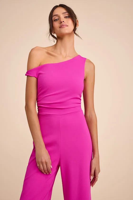 Lawny Magenta Pink Twisted One-Shoulder Jumpsuit sold by Lulus