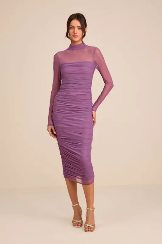 Impressive Flirt Dusty Purple Mesh Ruched Mock Neck Midi Dress sold by Lulus
