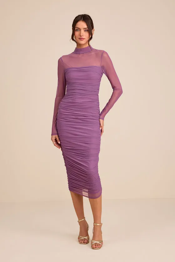 Impressive Flirt Dusty Purple Mesh Ruched Mock Neck Midi Dress sold by Lulus