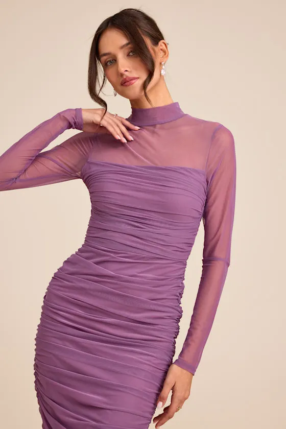 Impressive Flirt Dusty Purple Mesh Ruched Mock Neck Midi Dress sold by Lulus product image thumbnail 2