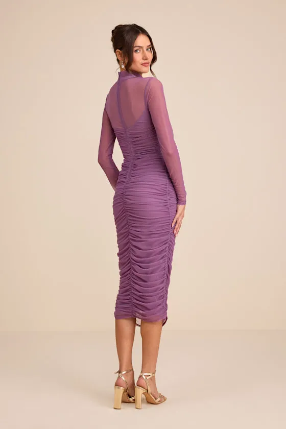 Impressive Flirt Dusty Purple Mesh Ruched Mock Neck Midi Dress sold by Lulus product image thumbnail 3