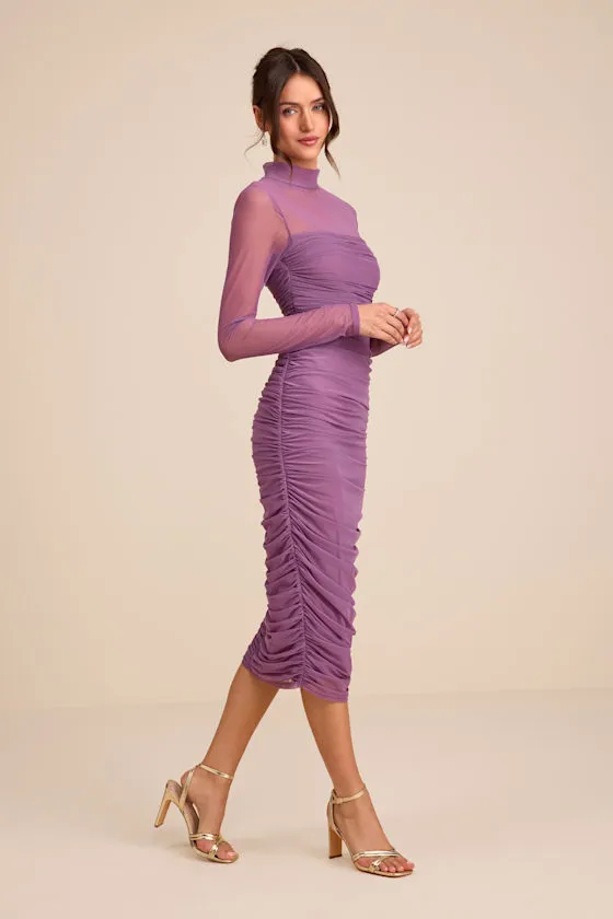 Impressive Flirt Dusty Purple Mesh Ruched Mock Neck Midi Dress sold by Lulus product image thumbnail 4