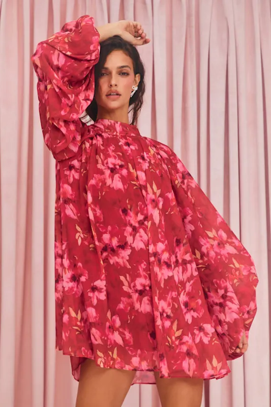 Lata Red Floral Mock Neck Belted Mini Dress sold by Lulus