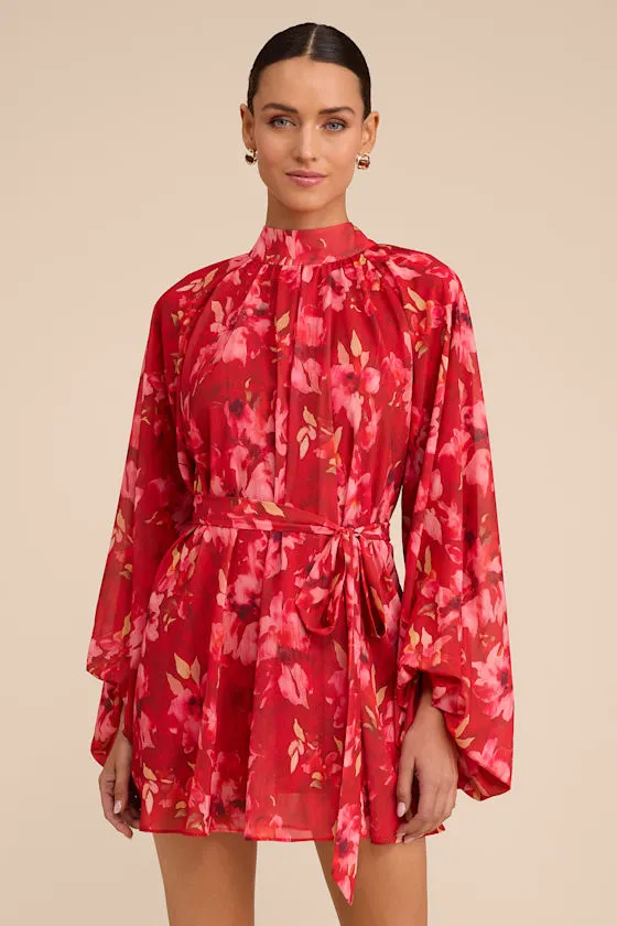 Lata Red Floral Mock Neck Belted Mini Dress sold by Lulus product image thumbnail 2