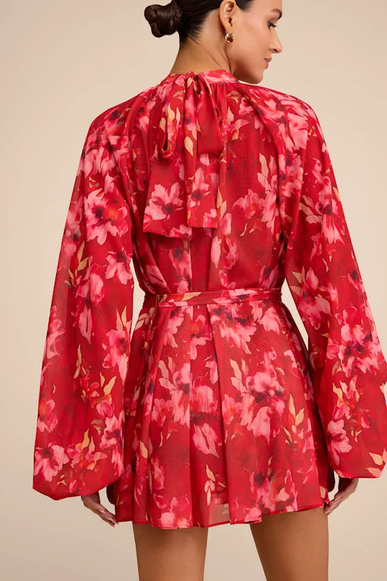 Lata Red Floral Mock Neck Belted Mini Dress sold by Lulus product image thumbnail 4