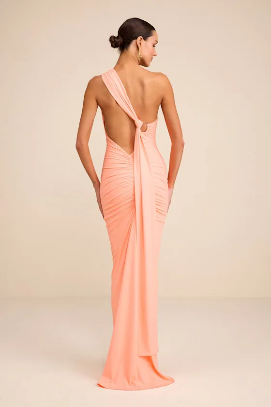 Cressida Peach Slinky Knit One-Shoulder Mermaid Maxi Dress sold by Lulus