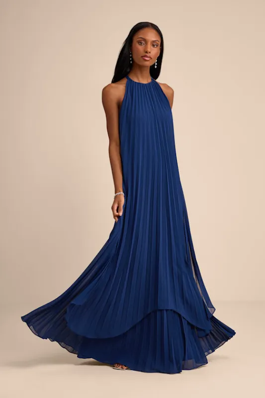 Dorala Dark Blue Pleated Lace-Up Tiered Maxi Dress sold by Lulus