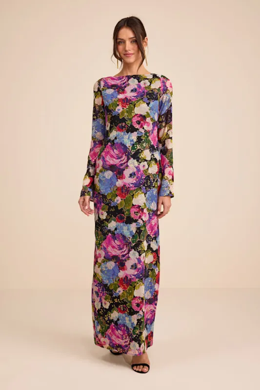 Merrit Black Multi Cowl Back Long Sleeve Maxi Dress made by Lulus
