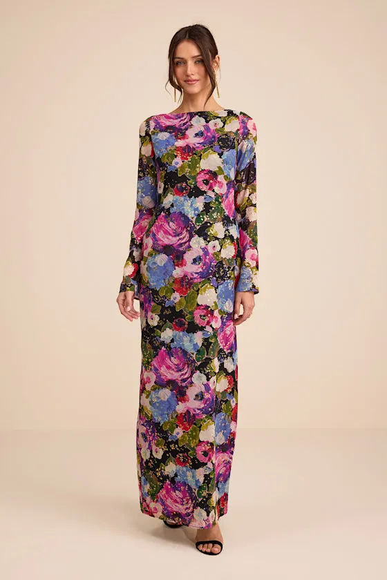 Merrit Black Multi Cowl Back Long Sleeve Maxi Dress sold by Lulus