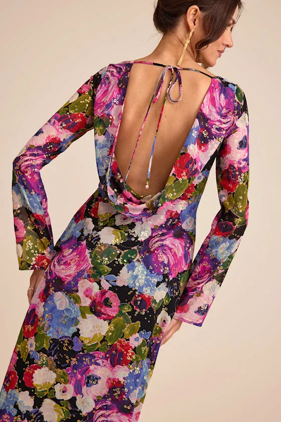 Merrit Black Multi Cowl Back Long Sleeve Maxi Dress sold by Lulus product image thumbnail 2