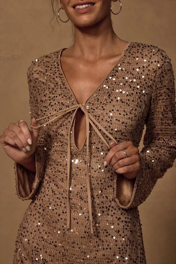 Seza Light Tan Crochet Sequin Tie-Front Mini Dress sold by Lulus product image thumbnail 2