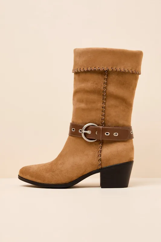 Leah Cognac Suede Buckle Mid-Calf Boots made by Lulus