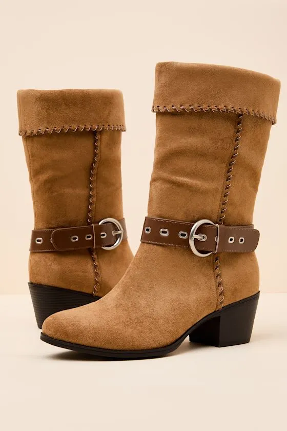 Leah Cognac Suede Buckle Mid-Calf Boots sold by Lulus product image thumbnail 3
