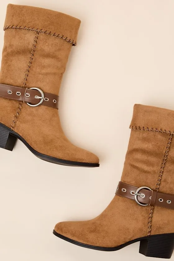 Leah Cognac Suede Buckle Mid-Calf Boots sold by Lulus product image thumbnail 4