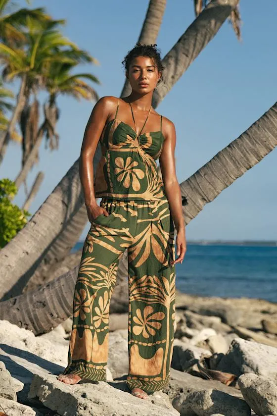 Sabo Olive and Tan Boho Print Wide-Leg Pants sold by Lulus product image thumbnail 3