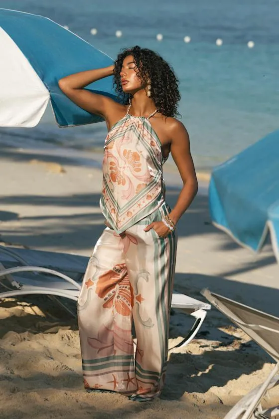 Dreya Beige Multi Boho Print Satin Wide-Leg Pants sold by Lulus product image thumbnail 2