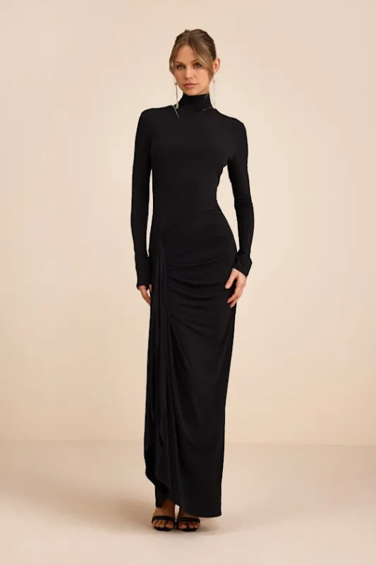 Tassana Black Jersey Knit Mock Neck Maxi Dress made by Lulus