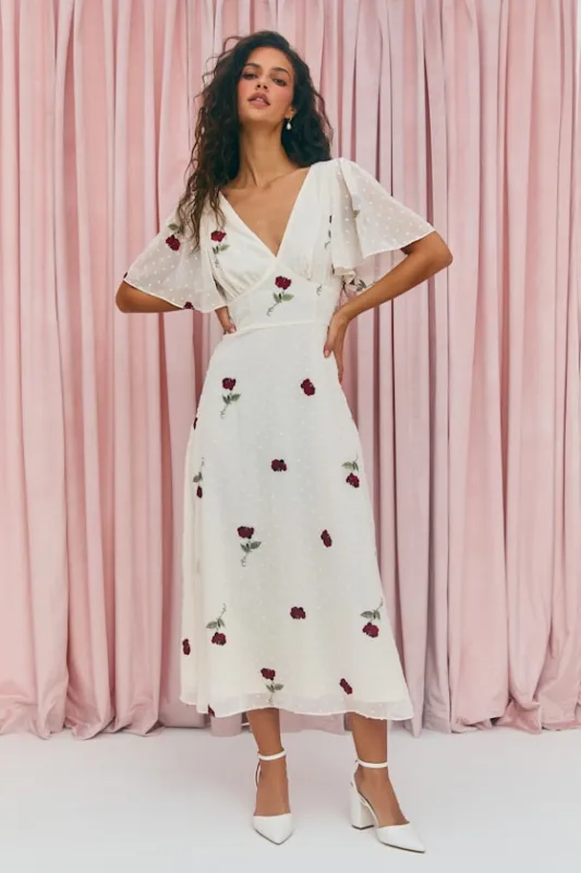 Jolina White Embroidered Swiss Dot Flutter Sleeve Midi Dress sold by Lulus