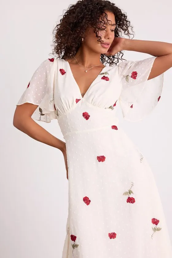 Jolina White Embroidered Swiss Dot Flutter Sleeve Midi Dress sold by Lulus product image thumbnail 3