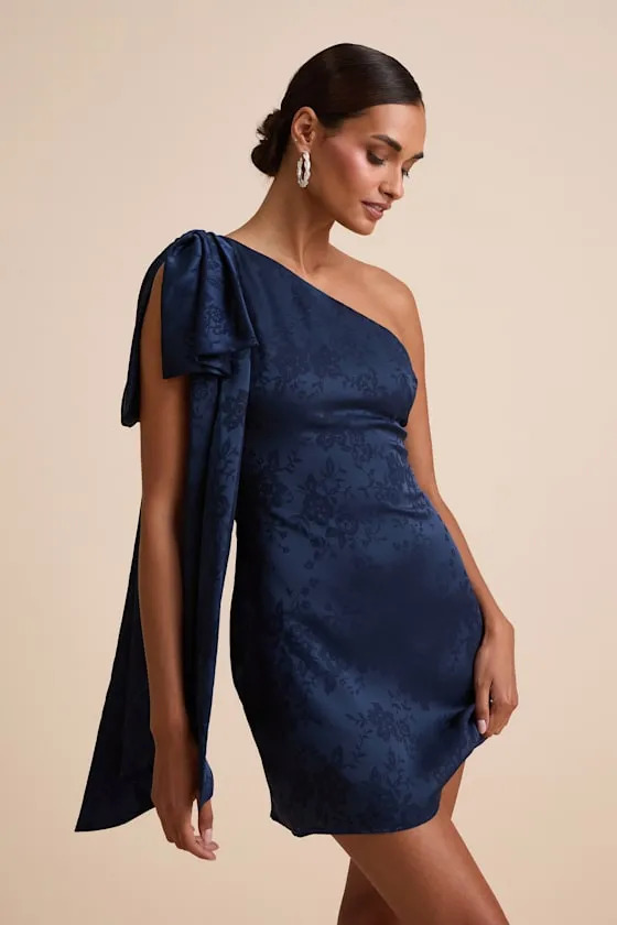 Jayda Navy Satin Jacquard One-Shoulder Sash Mini Dress sold by Lulus