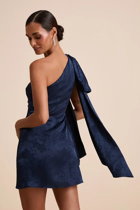 Jayda Navy Satin Jacquard One-Shoulder Sash Mini Dress sold by Lulus product image thumbnail 2