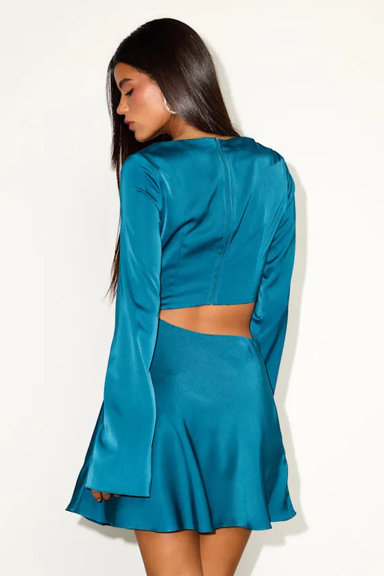 Saroya Teal Blue Satin Cutout Long Sleeve Mini Dress sold by Lulus product image thumbnail 3