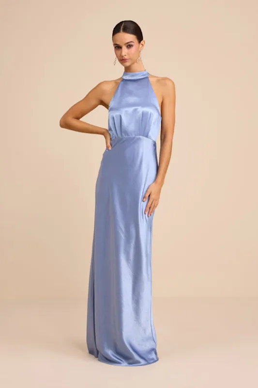 Sevinia Slate Blue Satin Mock Neck Sleeveless Maxi Dress sold by Lulus