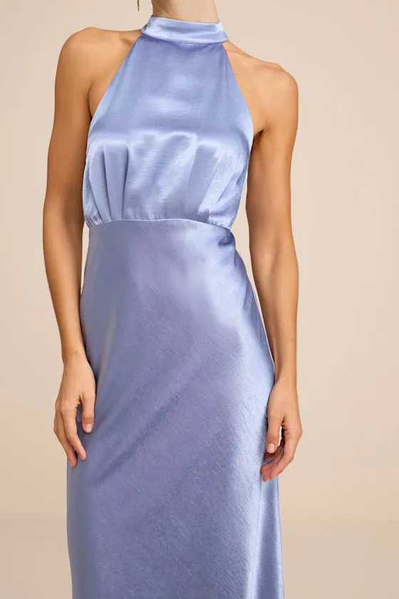 Sevinia Slate Blue Satin Mock Neck Sleeveless Maxi Dress sold by Lulus product image thumbnail 2