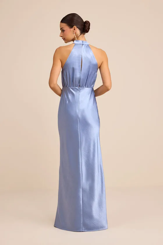 Sevinia Slate Blue Satin Mock Neck Sleeveless Maxi Dress sold by Lulus product image thumbnail 3