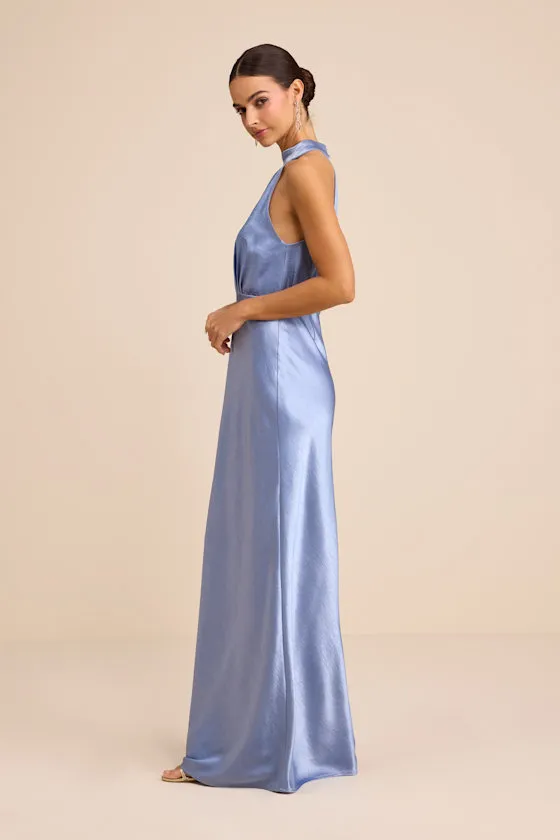 Sevinia Slate Blue Satin Mock Neck Sleeveless Maxi Dress sold by Lulus product image thumbnail 4