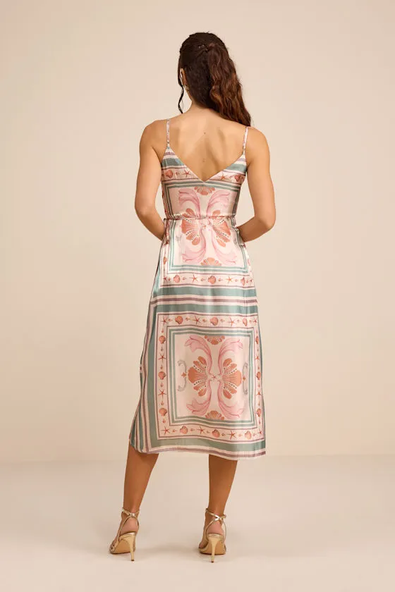 Bensley Beige Multi Boho Print Satin Wrap Midi Dress sold by Lulus product image thumbnail 4