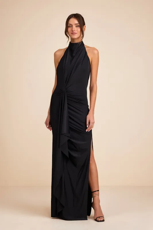 Mystras Black Slinky Knit Backless Halter Maxi Dress sold by Lulus