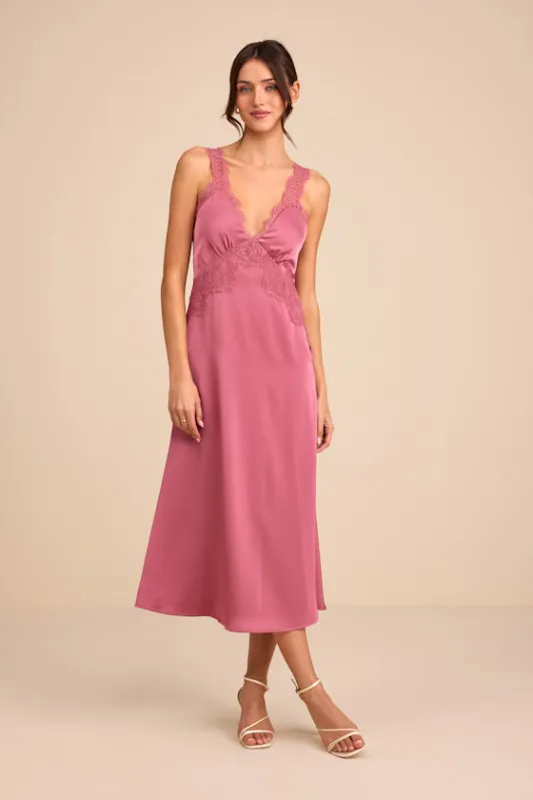 Alayah Dusty Rose Satin Lace Tie-Back Midi Dress made by Lulus