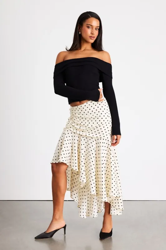 Danita Ivory Polka Dot Asymmetrical Midi Skirt sold by Lulus
