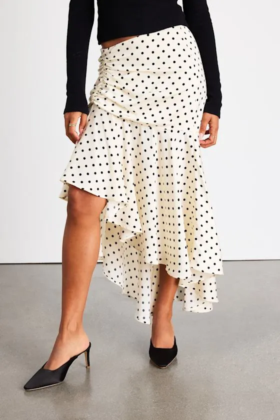 Danita Ivory Polka Dot Asymmetrical Midi Skirt sold by Lulus product image thumbnail 3
