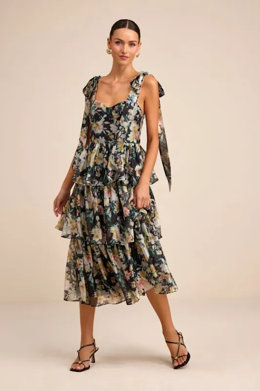 Svea Black Floral Tiered Tie-Strap Midi Dress sold by Lulus