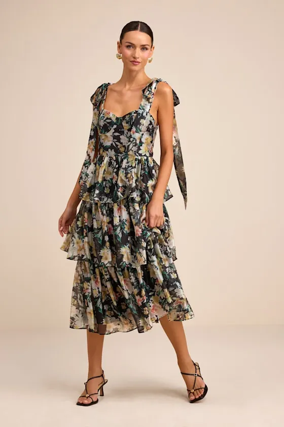 Svea Black Floral Tiered Tie-Strap Midi Dress sold by Lulus