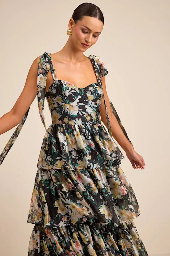 Svea Black Floral Tiered Tie-Strap Midi Dress sold by Lulus product image thumbnail 2